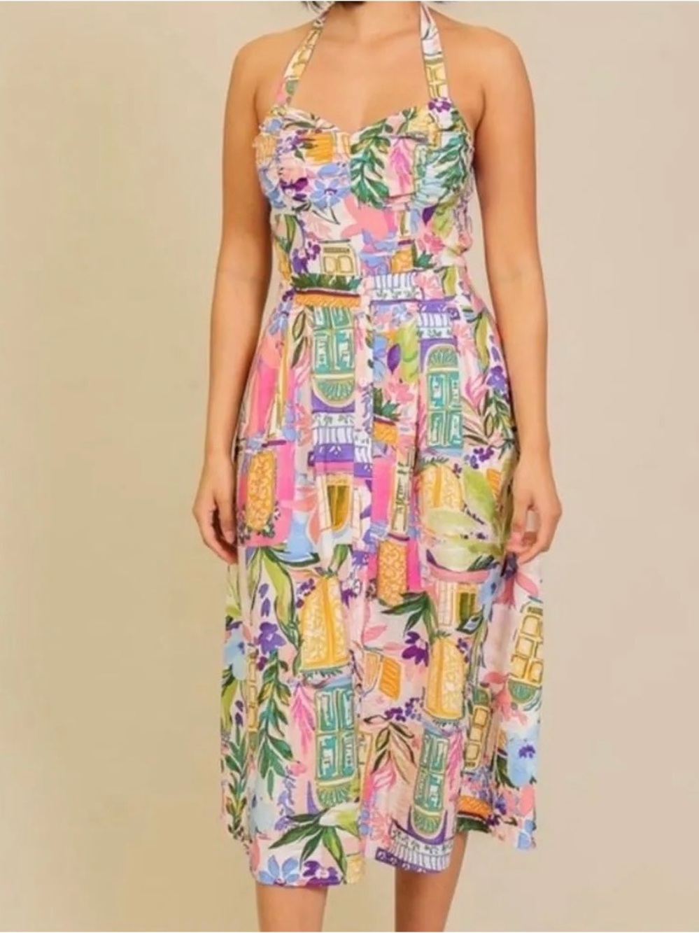 NWT Multicolor Floral Halter Midi Dress